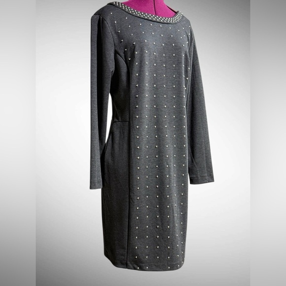 Beige by ECI Studded Gray Knit Sheath Dress Size 14 Long Sleeve NWT - Picture 3 of 12